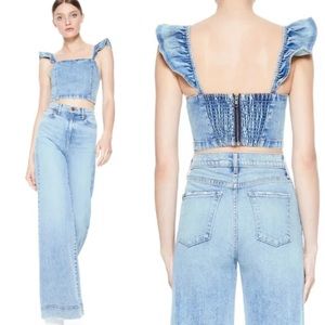 Alice + Olivia Jeans Kiley Flutter Shoulder Denim Crop To In Color: Not Yours